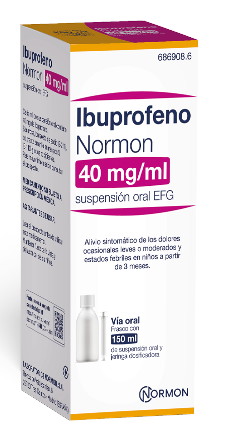 Envase de IBUPROFENO NORMON 40 MG/ML SUSPENSIÓN ORAL EFG