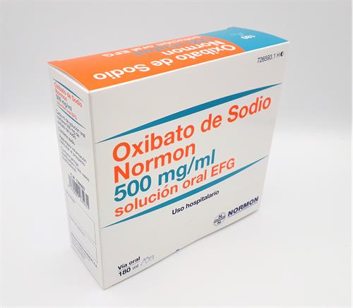 Envase de OXIBATO DE SODIO NORMON 500 MG/ML SOLUCIÓN ORAL EFG